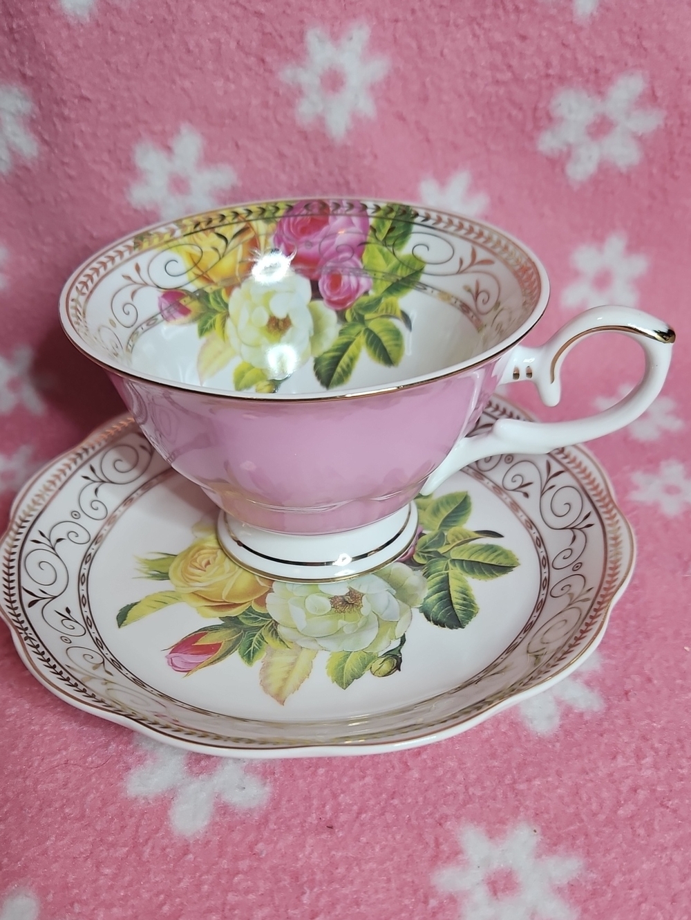 Pink Floral Porcelain Teacup & Saucer Set with Gold Trim
